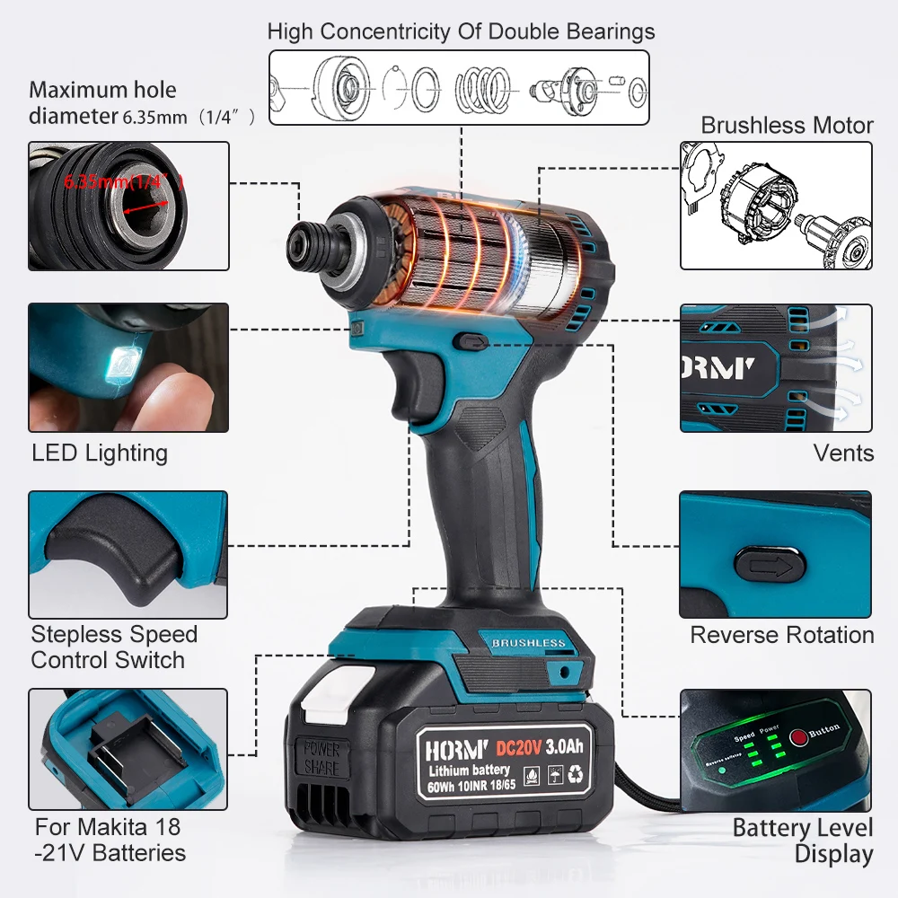 Brushless Electric Screwdriver Cordless Impact Wrench 1/4 inch High-Speed Drill Driver +3 LED Power Tool For Makita 18V Battery