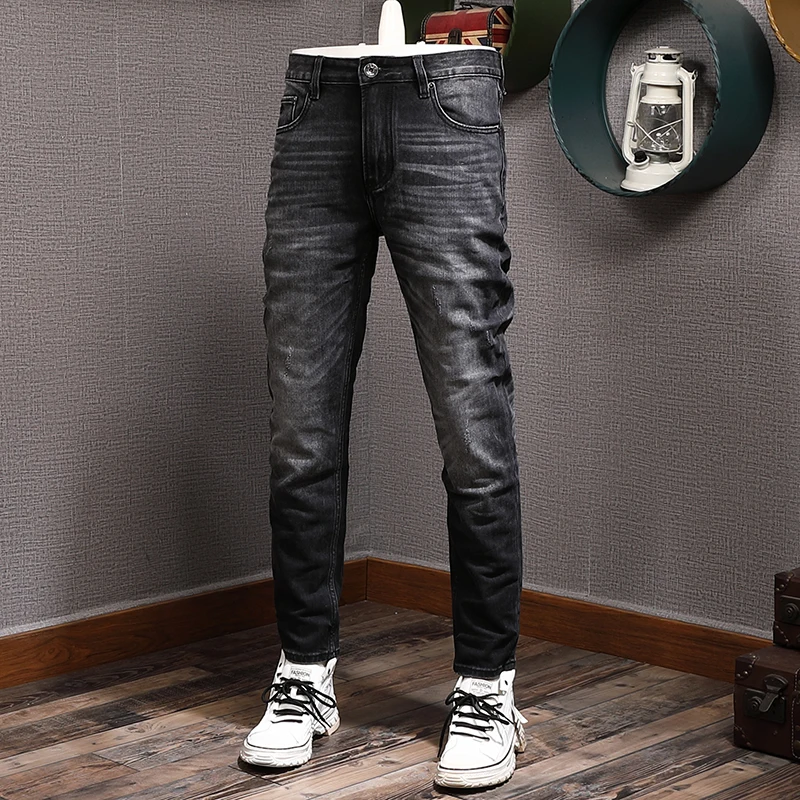 European Vintage Fashion Men Jeans High Quality Retro Black Gray Elastic Slim Fit Ripped Jeans Men Casual Designer Pants Hombre