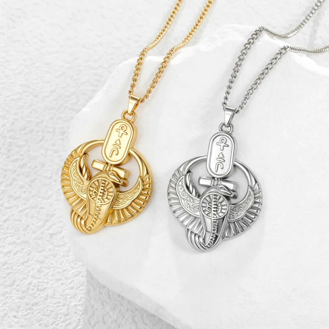 Egyptian Horus Falcon Ankh Cross Pendant Necklace Ancient Egypt Hieroglyph Talisman Stainless Steel Spiritual Jewelry Gift