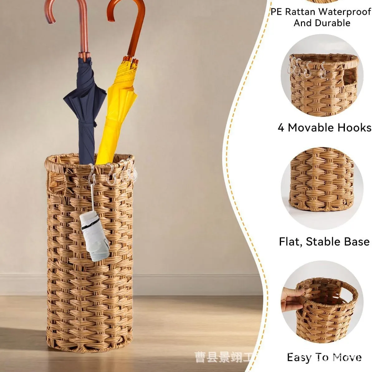 Woven Round Umbrella Storage Basket Movable Japanese-Style Entrance Holder No Lid Drainable Design Natural Wood Color Home Foyer