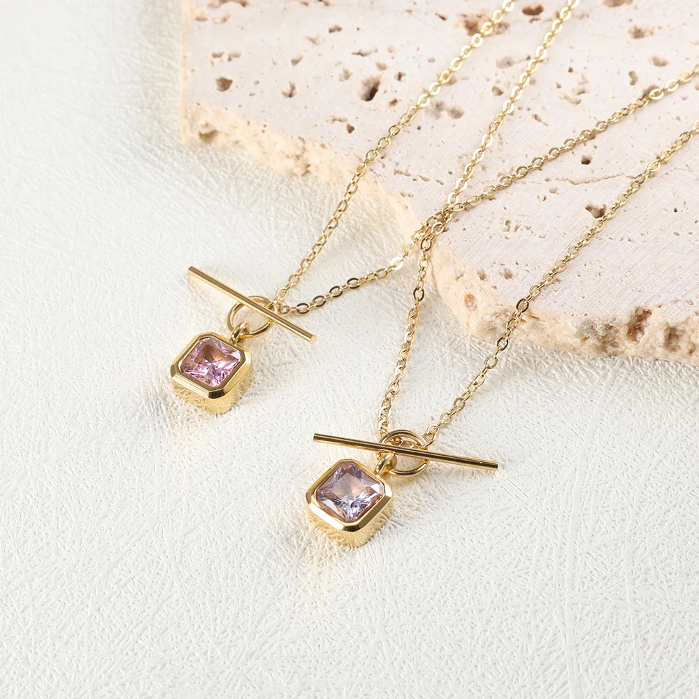 JINHUI Low Profile Luxury Shiny Pink or White Square Cube Zircon Necklaces For Women's Stainless Steel Hypoallergenic Jewelry