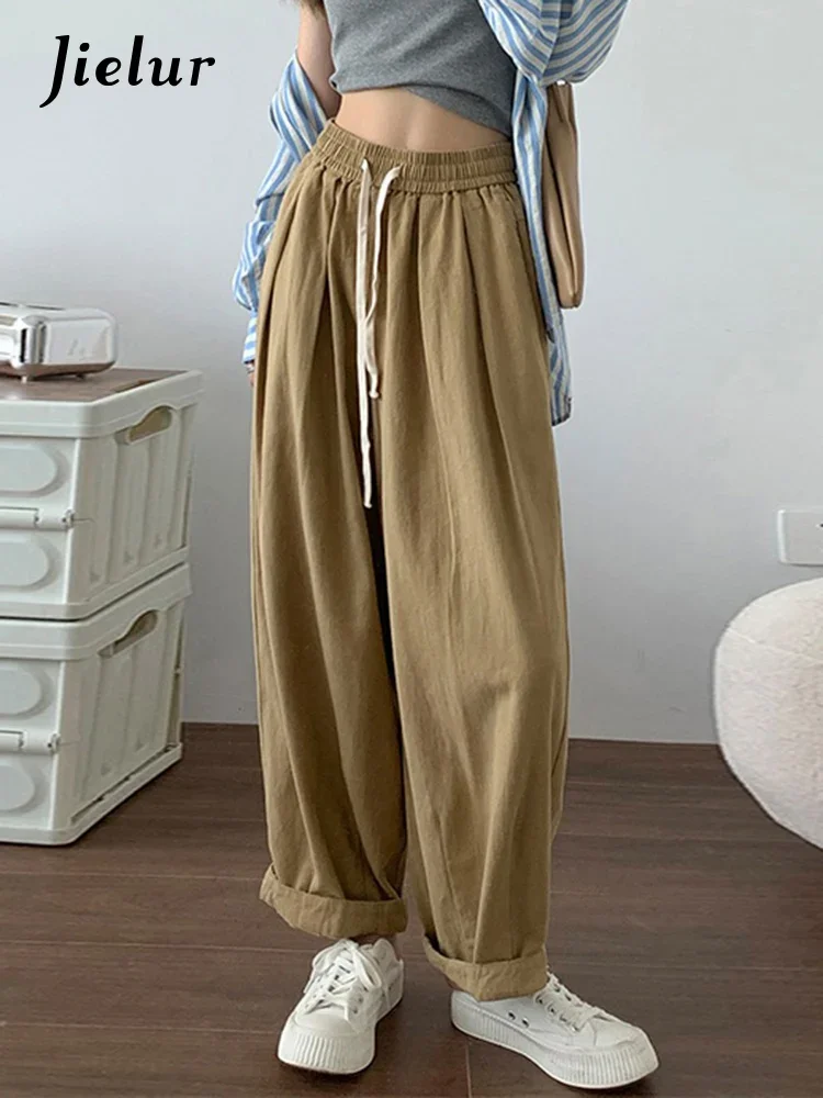 

Jielur Khaki Slim Loose Casual Women Cargo Pants New High Waist Straight Fashion Office Lady Drawstring Solid Color Female Pants