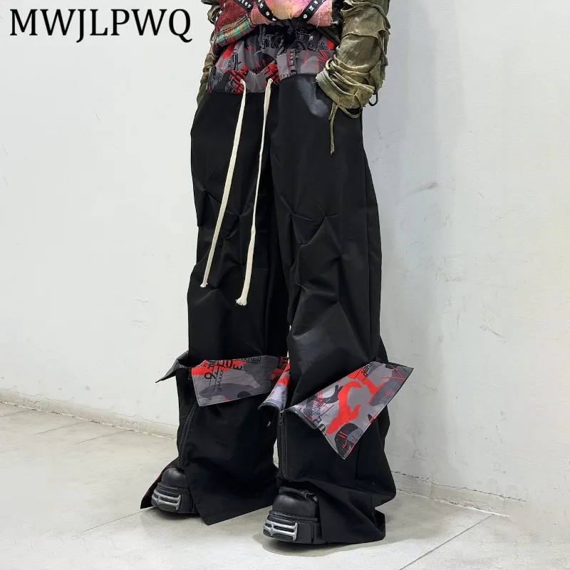

MWJLPWQ Street Style Patchwork Wide-Leg Pants For Men Loose Drawstring Deconstructed Design Casual Trousers 2026 Spring 14421