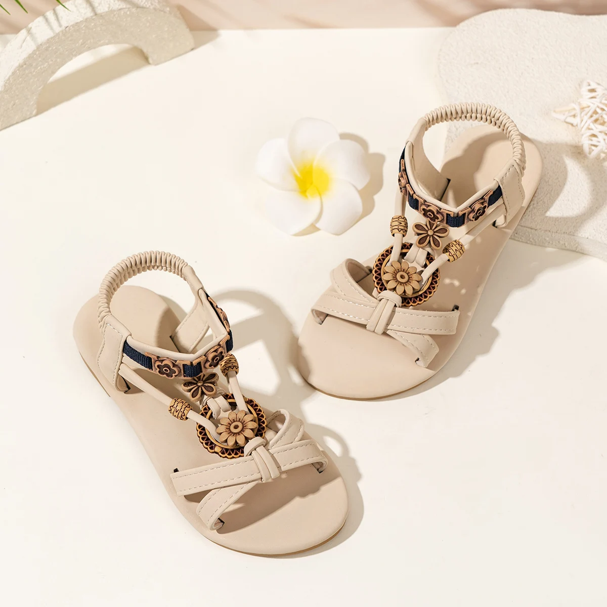 Girls Floral Sandals - Vintage Boho Toddler Summer Shoes Non-Slip Soft Sole Kids Casual Sandals 3-8Y
