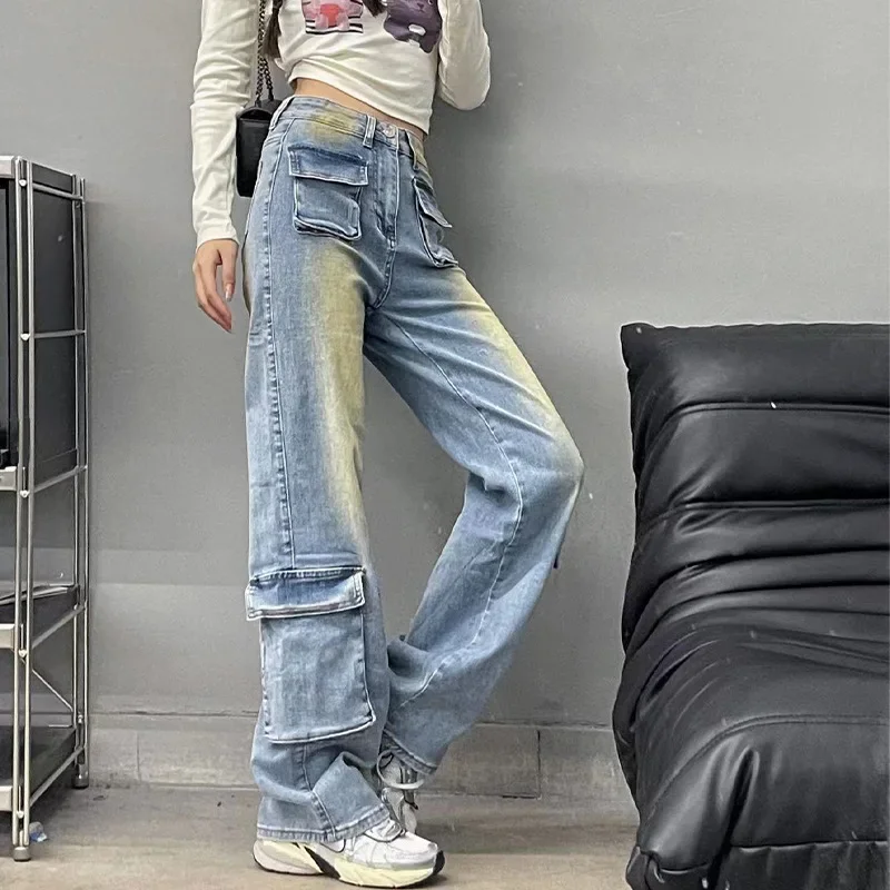 

HOUZHOU Bootcut Jeans Women Flare Pants Hip Hop Distressed Denim Cargo Trousers Female Low Waist Casual Japanese Streetwear