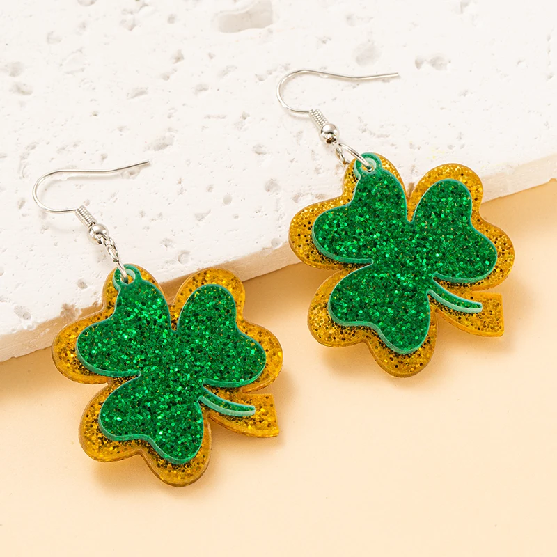 Lucky Glitter Golden Green Shamrock Dangle Earring For Women Girl St. Patrick's Day  Irish Green Lucky Clover Drop Earrings Gift