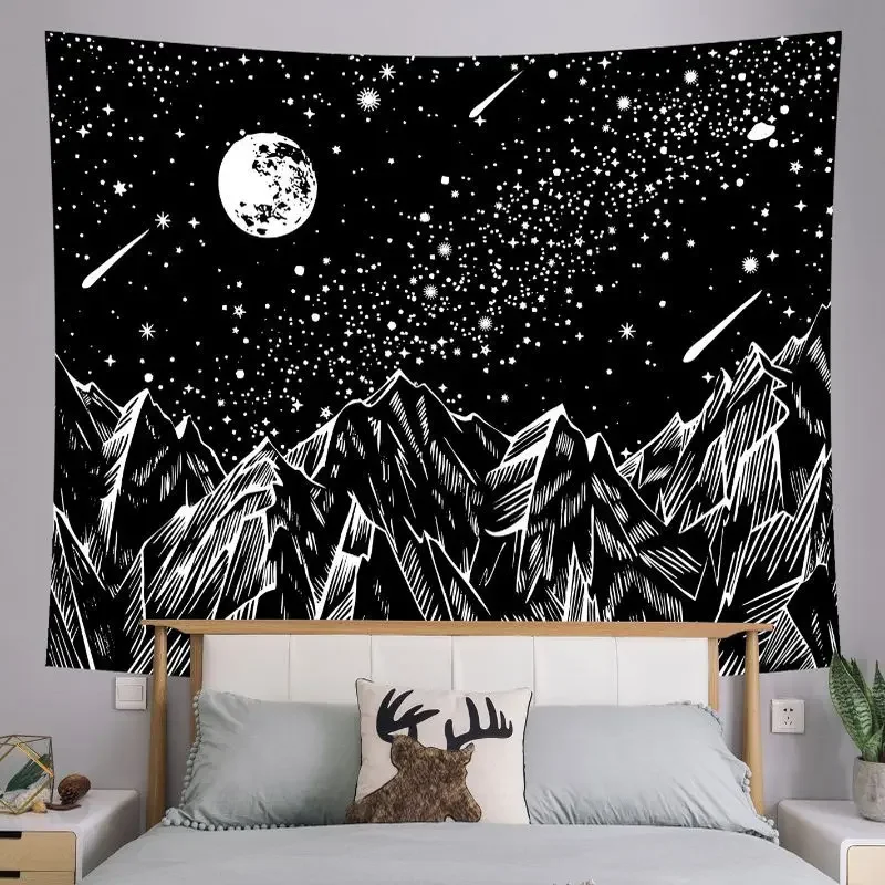 Black and White Mountains Rivers Waves Skeleton Star Moon Tapestry Retro Wall Hanging Bedroom Dormitory Home Decoration