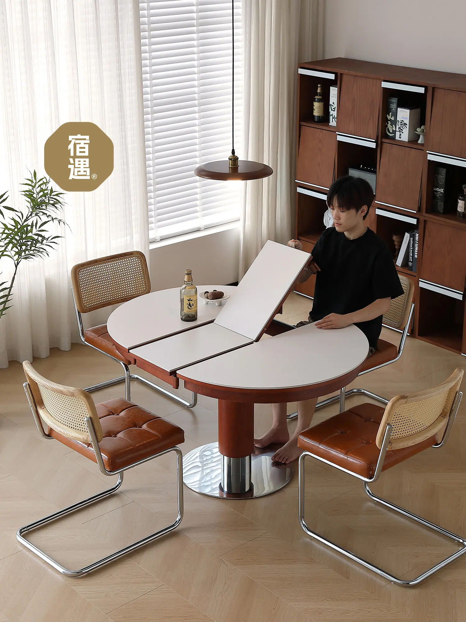 Ancient round retractable oval medium and ancient travertine rock slab solid wood small apartment round disc ancient rock