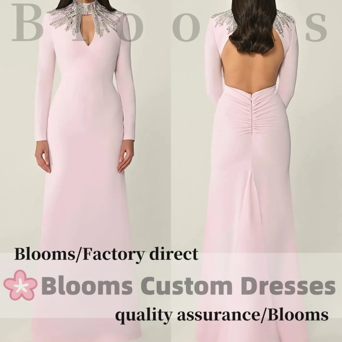 

Blooms Elegant Light Pink Customized Prom Dress Beaded Backless Formal Occasion Gown Elegant Long Sleeves Evening Dresses