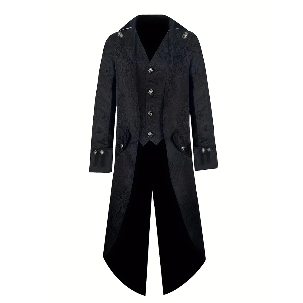 レトロメンズタキシードコート黒制服中世ロングジャケットパンクゴシック騎士ウインドブレーカーハロウィンコスプレ衣装コート