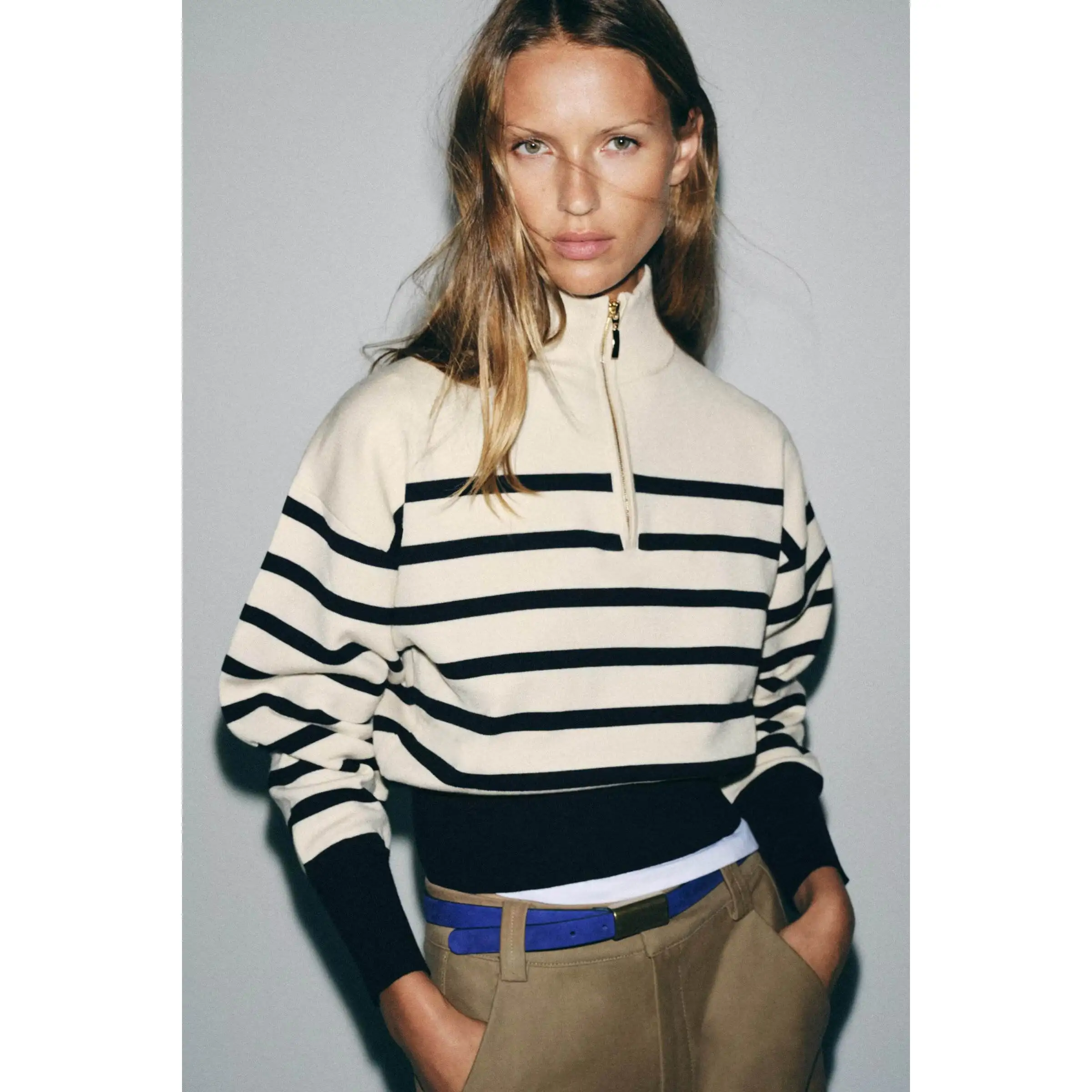 Fashionable Striped Knitted Sweater Zipper Design Polyester Fiber Long Sleeve Stand Collar Summer New Arrival Women's Wear