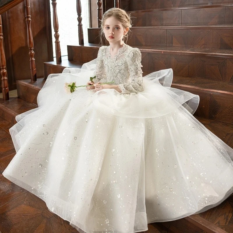 Weißes Prinzessinnenkleid für Kinder, Mädchen, Blumenmädchen-Hochzeitskleid für Geburtstagsfeier, Gastgeber, Klavier, Auftritt, Festzug, formelle Kleidung für Kinder