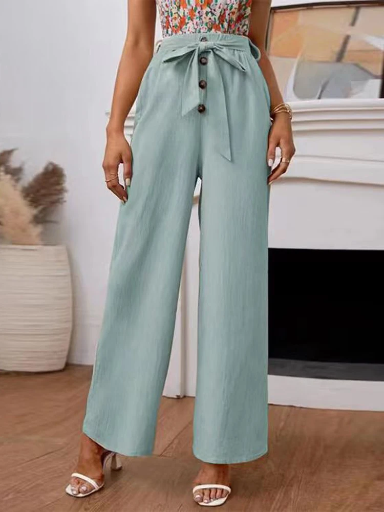 

Elegant Women Solid Belt Buttoned Trousers Summer Solid Cotton Linen Pants Lady Fashion Summer Vacation Loose Long Wide Leg Pant