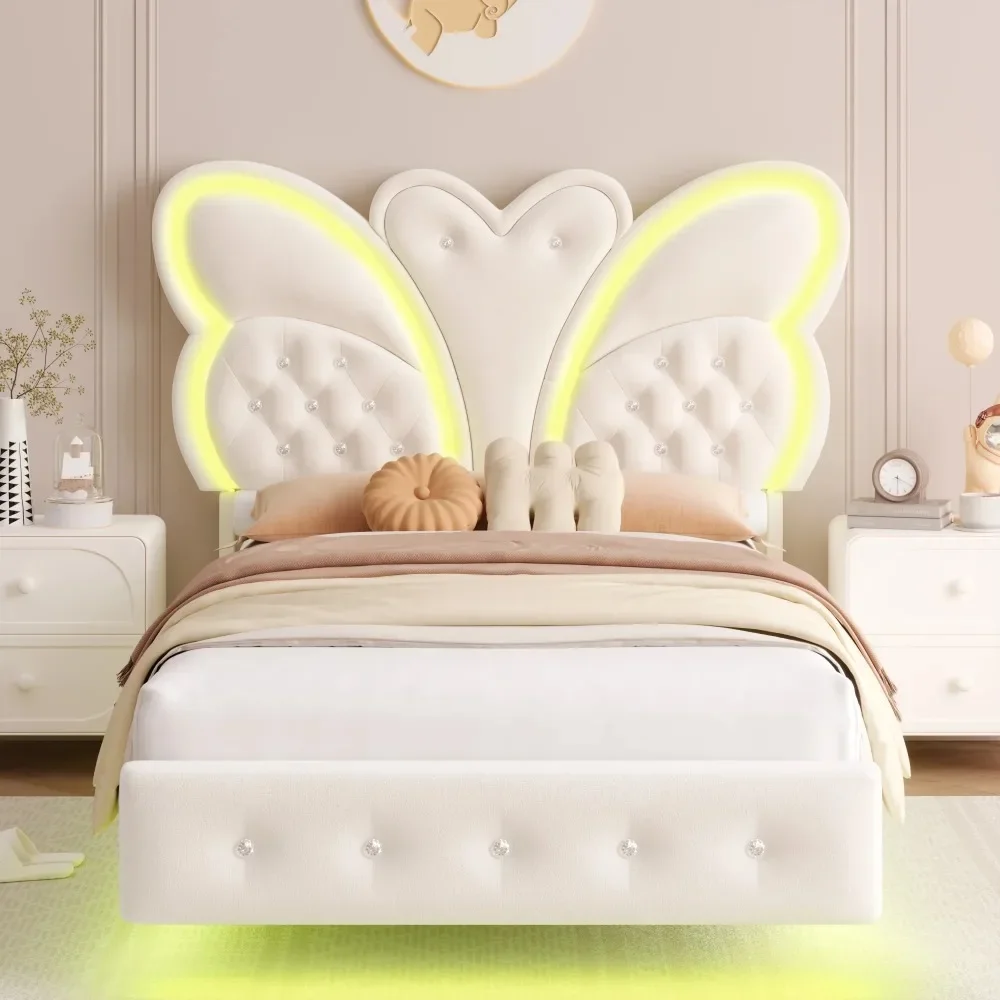 

Twin Size Velvet Upholstered Bed with LED Lights with Butterfly Crystal Button Tufted Headboard Floating Platform Bed Frame