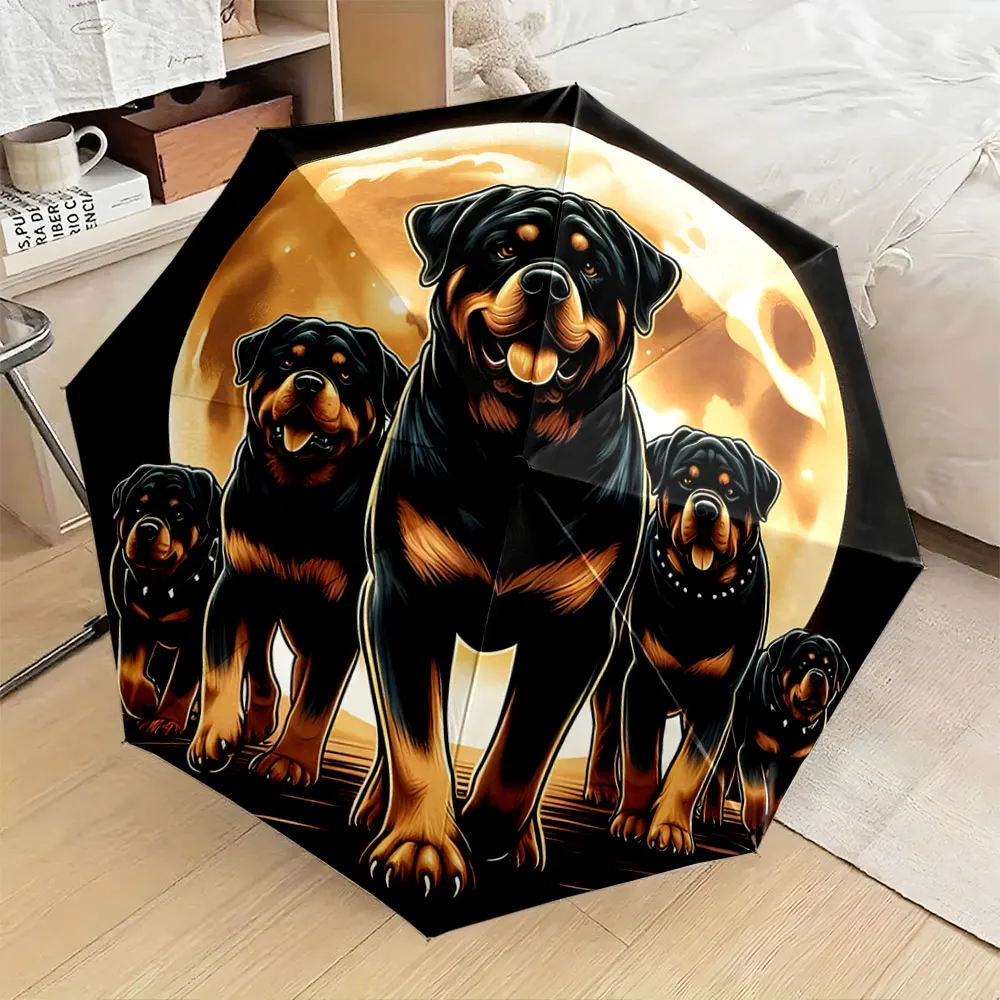 1PC Rottweiler Pack Printed Umbrella with Moonlit Design Print 8 Iron Ribs Folding Umbrella Auto-Open Fashion Sunshade