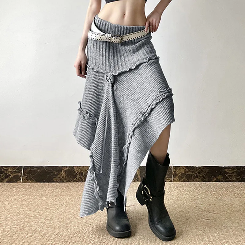 Lucyever Women's 3D Floral Asymmetrical Hem Skirts Streetwear Y2K Grunge Style Long Skirt Female Gray Ruffles Knitted Skirts