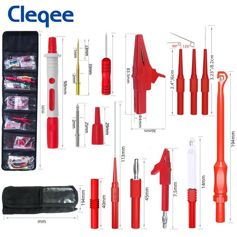 Cleqee P1957 Multimeter Wire Piercing  Probes Test Leads Kit with Puncture Needle 4mm Banana Plug Alligator Clip 64PCS