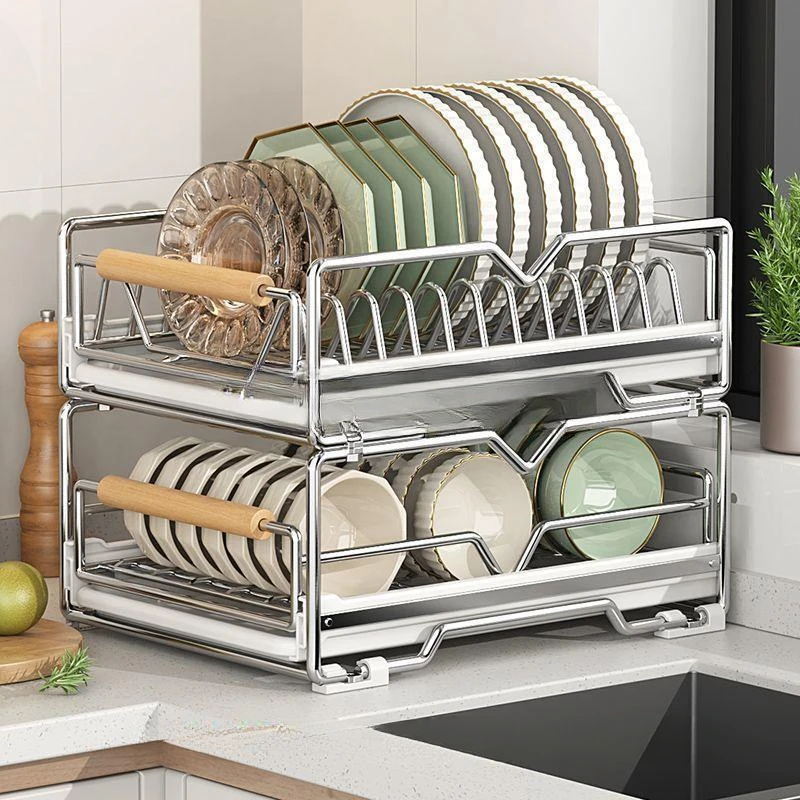 

Stainless Steel Dish Storage Rack Kitchen Cabinet Inner Shelf Drawer Type Pull Basket Pull Pull Dish Drain Bowl Rack