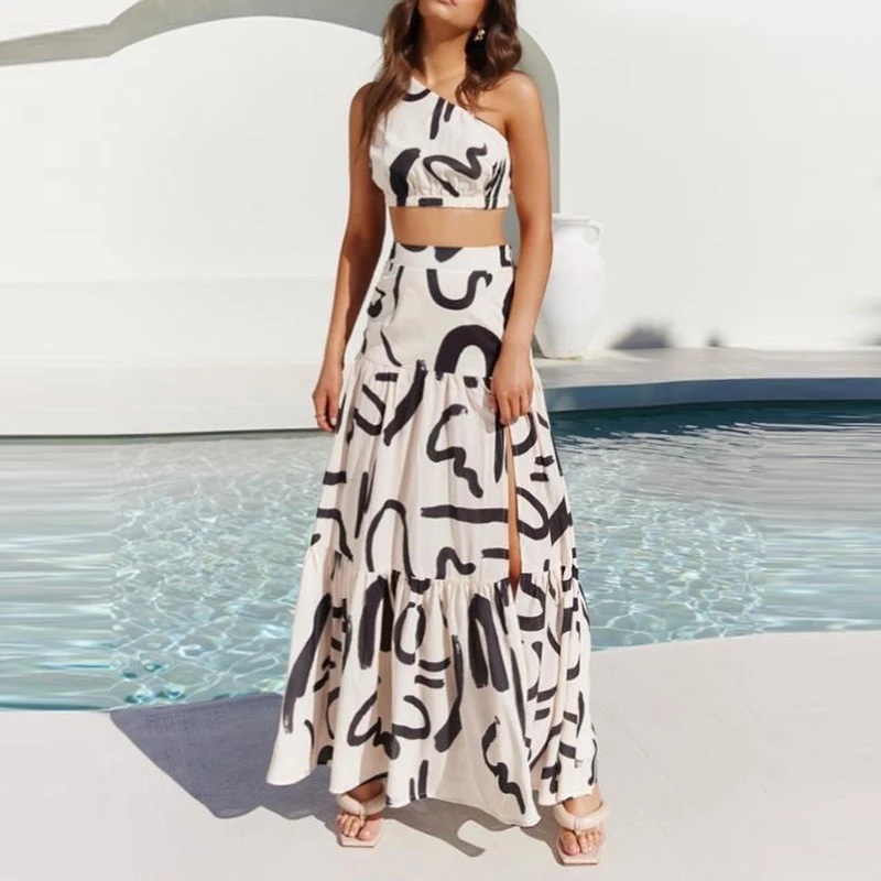 

Women Sexy Diagonal Collar Blouse High Slit Skirt Set Elegant Pattern Print 2pcs Office Outfit Chic Ladies Matching Dresses Suit