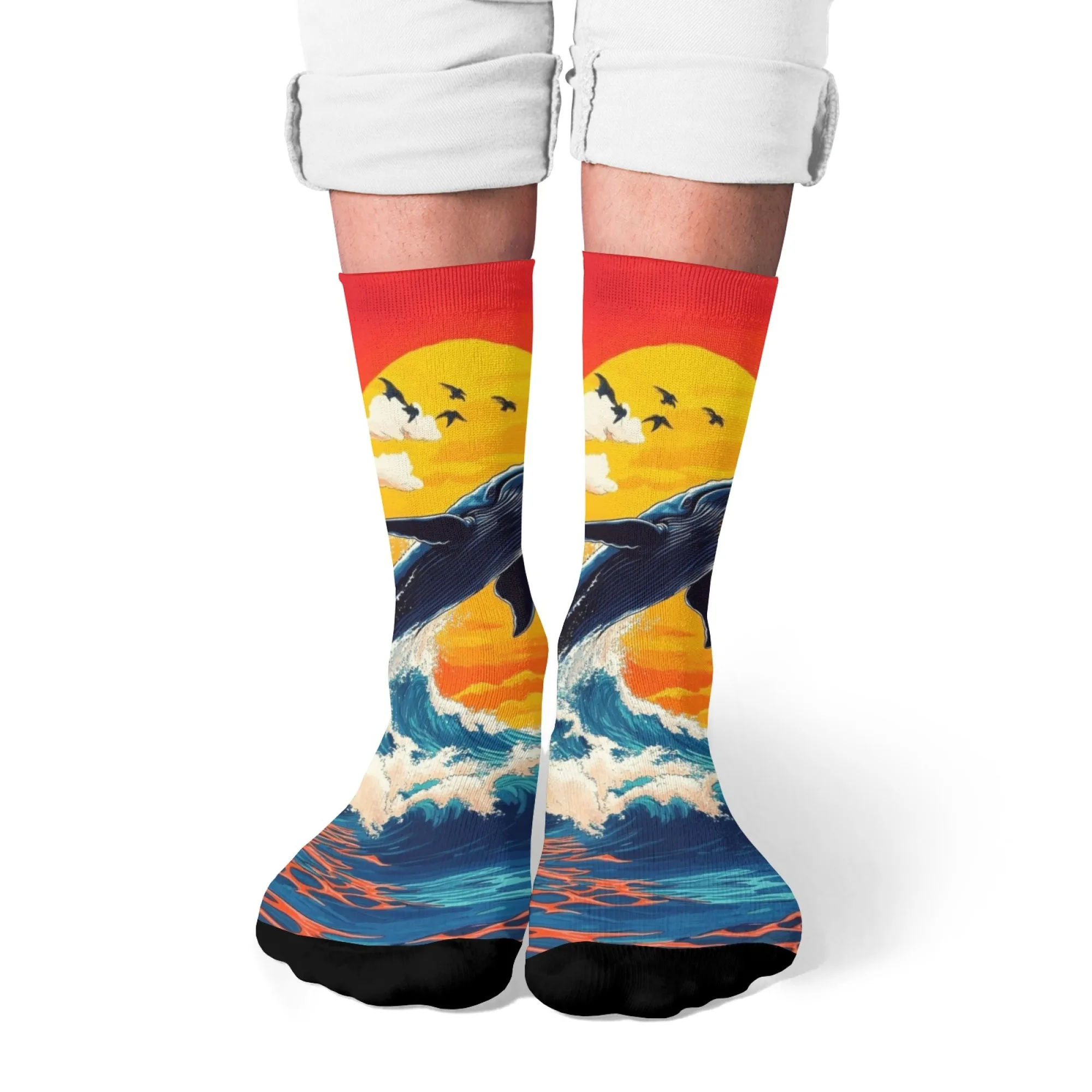 Orangefarbene Sonnenuntergang-Walvogel-Crew-Socken mit mittlerer Wade, Wellenkunst, Farbblockmuster, Druck, cooler Naturstil, Unisex, täglich passende Socken