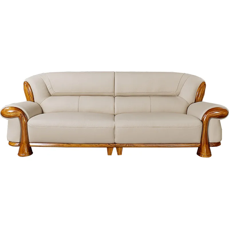 Ebony leather sofa simple modern villa living room new Chinese first layer cowhide solid wood