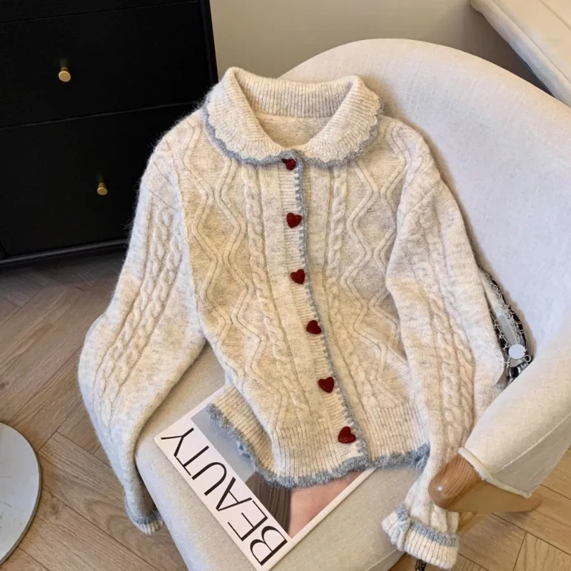 

Winter Doll Collar Loose Retro Jackets Fashion Sweet Women Cardigan Knitted Sweater Autumn Love Buckle Lapel New Casual Coat Top