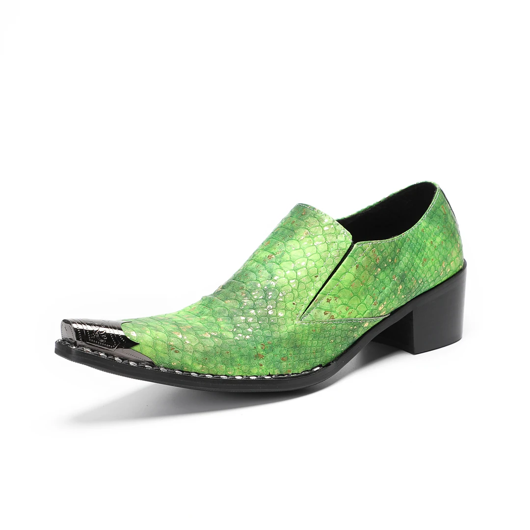 

Fluorescent Green Snake-Print Men's Dress Shoes Metal-Tipped Toe Men's Business Party Wedding Gentleman Casual Shoes