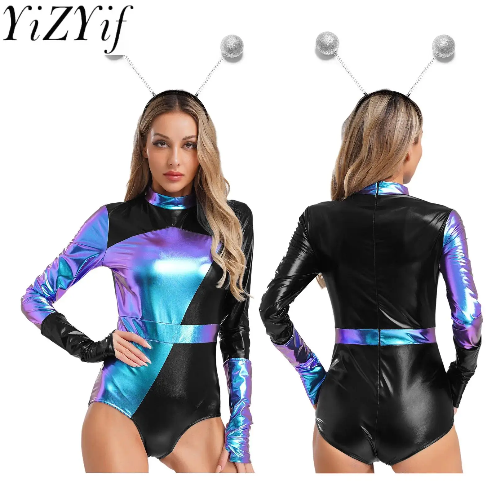 

Women Shiny Patchwork Alien Astronaut Robot Cosplay Performance Bodysuit with Gloves And Headwear Set for Themed Party Halloween