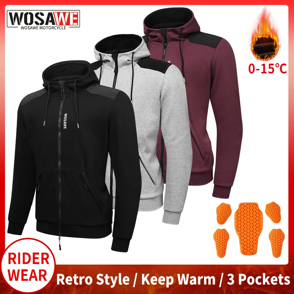 WOSAWE Motorcycle Hoodie Jacket Motocross Warm Jacket Casual Motorbike Riding Clothes Reflective Wind Coat With Insert Soft Gear