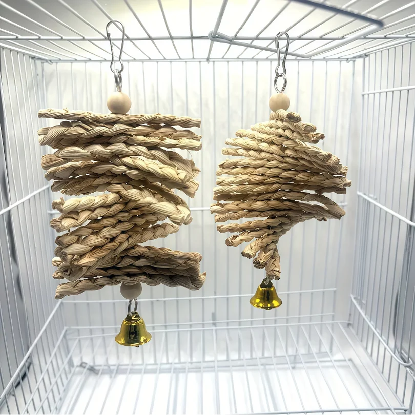 Parrot Chew Toys Natural Corn Husk Braided Teething Bell String Chewing Toys For Pet Birds Entertainment And Anxiety Relief
