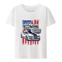 Mustang Camaro Challenger Car Print T-Shirt New Summer Men Short Sleeve American Crew Boy Casual White Tees Cool Tops for men