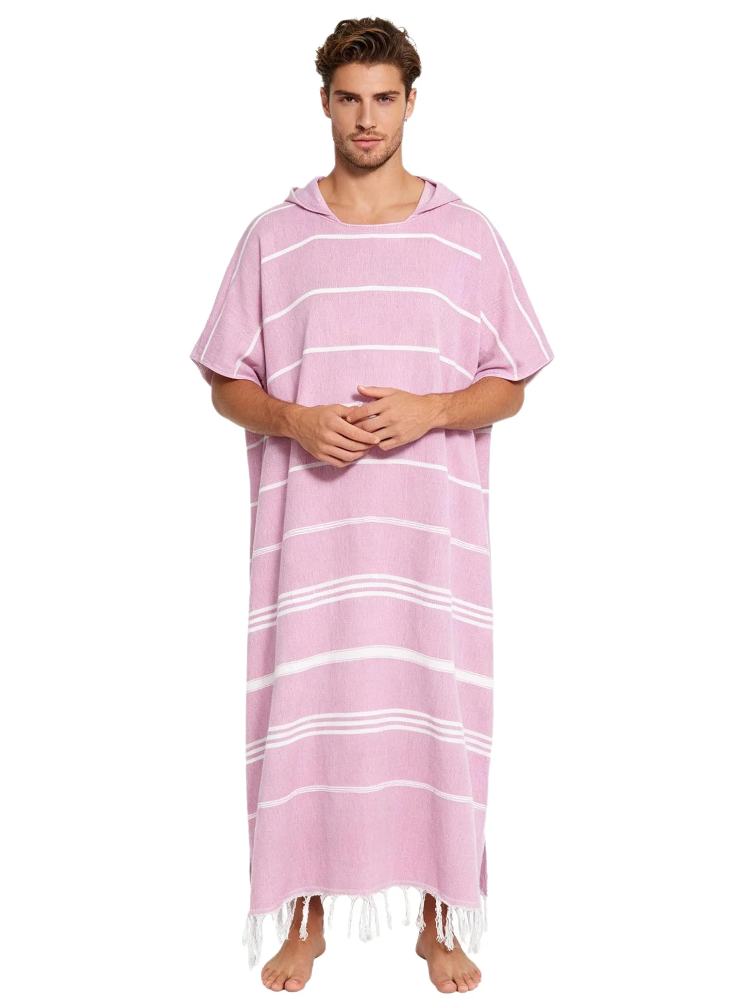 Adults Turkish Hooded Striped Towel Cape Pockets Braided Hem Quick Dry for Swimming Surfing Hot Spring Travel Vacation Beach