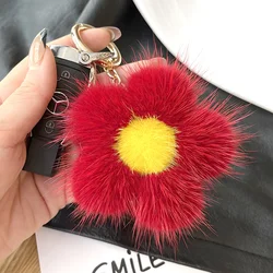 Cute Real Mink Hair Small Flower Keychain Bag Purse Car Key Ring Pendant Fashion Natural Mink Fur Keychain New Style Giffs