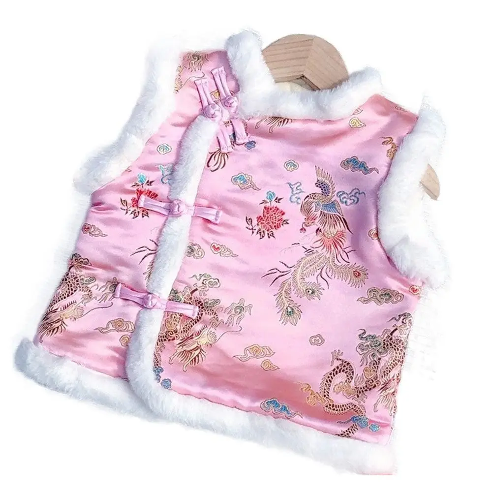 

Fleece Girl Vest Coat Sleeveless Chinese Style Traditional Tank Tops Lightweight Colorful Kids Outfits Greetings Clothes