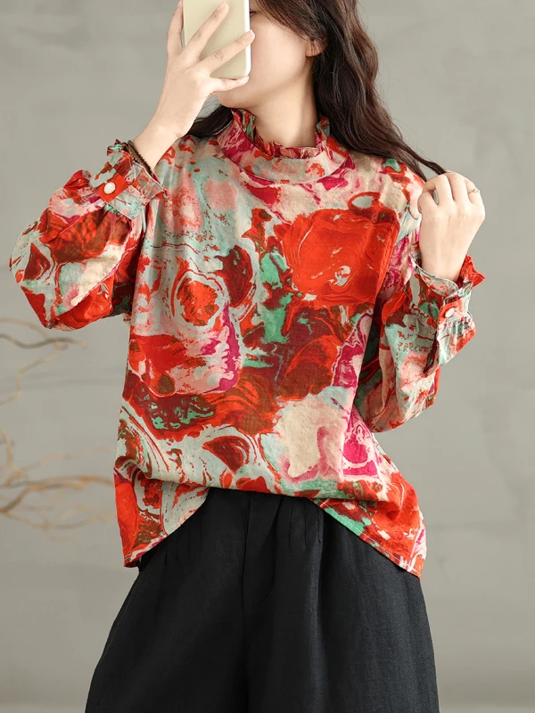 

Романтичная женская рубашка из хлопка и льна с длинным рукавом, кружевным воротником и цветочным принтом, в винтажном стиле, повседневная, художественная, модная