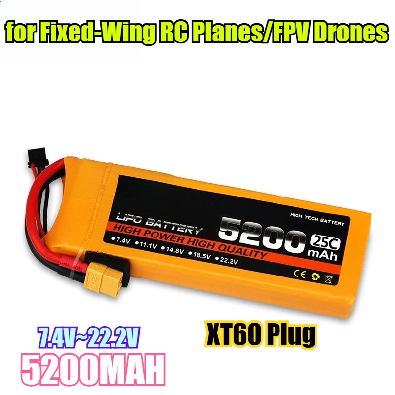 

2S-6S 5200mAh 25C High-Rate LiPo Battery - XT60 Plug for Fixed-Wing RC Planes/FPV Drones 7.4V-22.2V Balanced Discharge