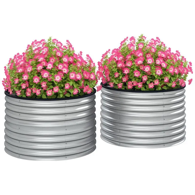 Lot de 2 jardinières surélevées, kit de jardinière ronde surélevée à fond ouvert en acier galvanisé 90 x 90 x 56 cm argent