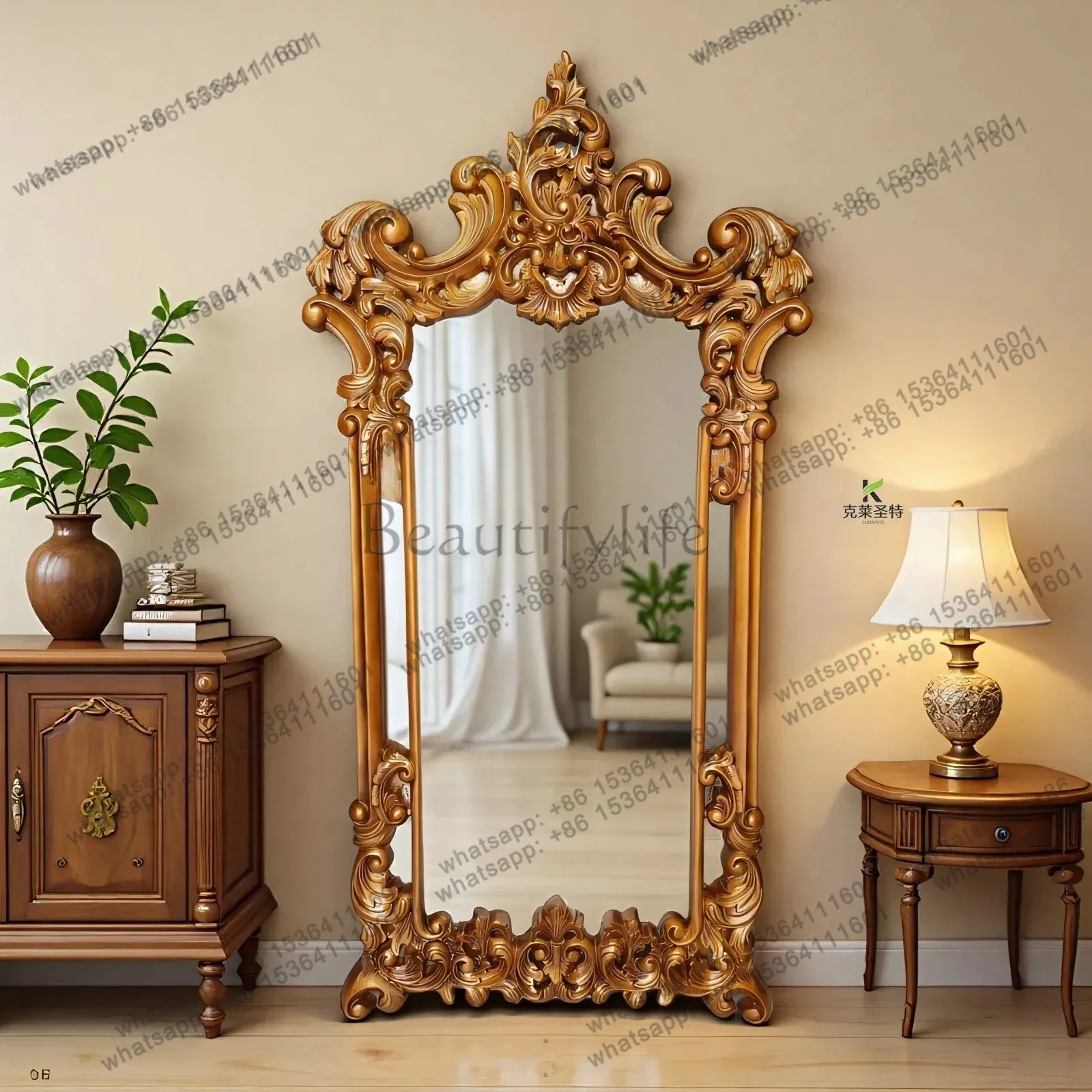 French retro, carved luxury full-body mirror, American home bedroom floor-to-ceiling mirror, European-style fitting mirror