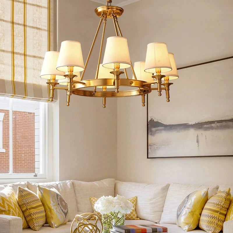 American Copper Chandelier LED Living Room Bedroom Study Restaurant Kitchen Designer Fabric Art Retro Luxury Indoor Pendant Lamp