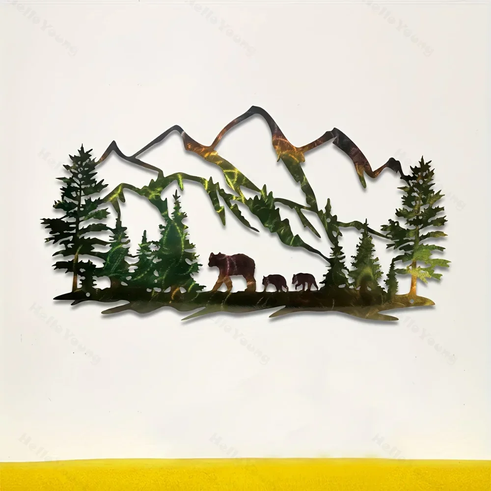 家の装飾のための森、山、クマの素朴な金属壁アート、魅力的なワンピース