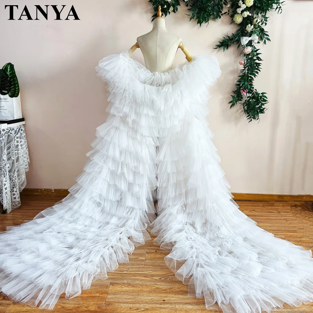 Romantic Winter Long Tulle Cape Layers Tiered Court Train Off The Shoulder Women Coat Outfit  One Size