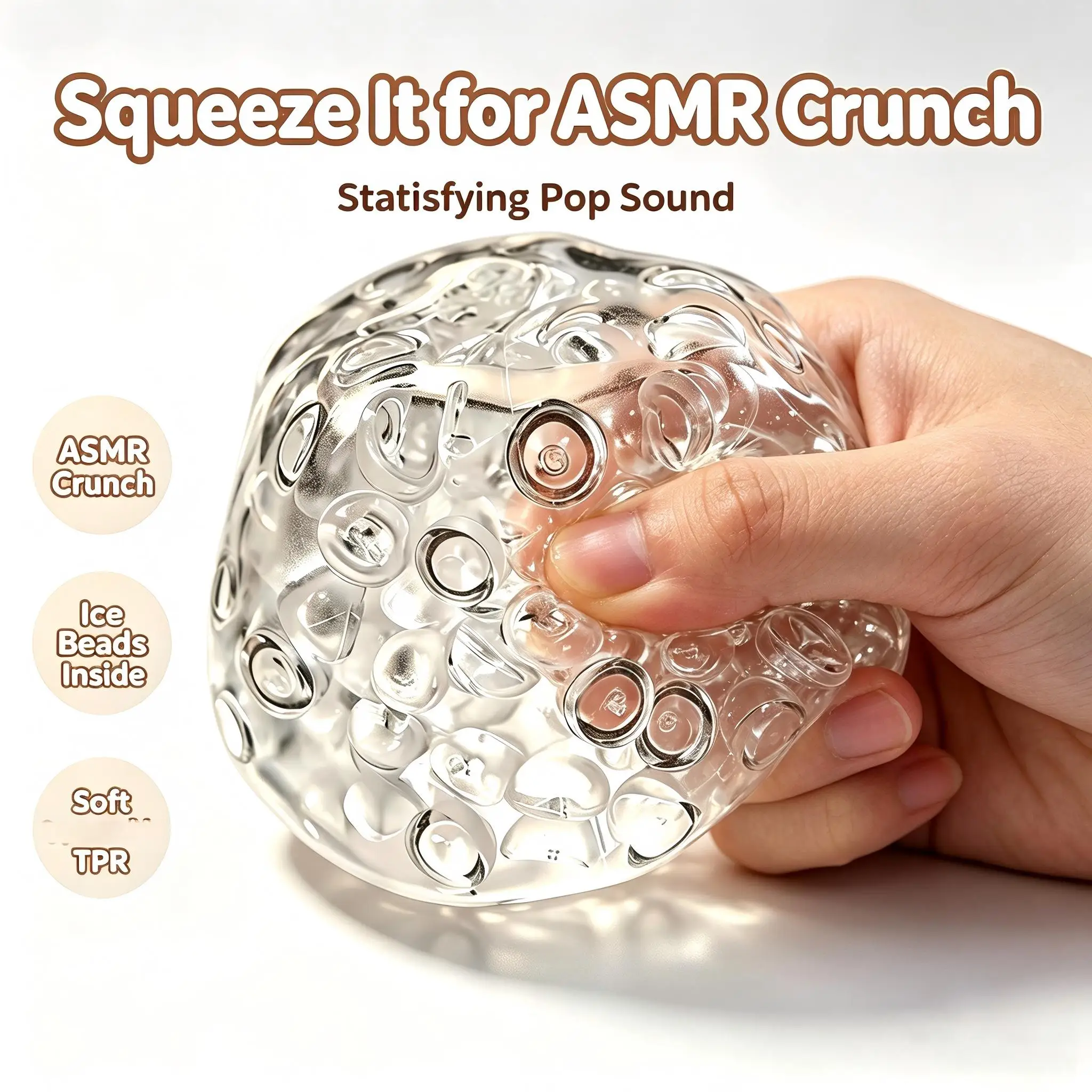 ASMR Crunch Squishy Ball Clear Ice Bead Squeeze Fidget Toy Super Soft Mochi Sensory Stress Relief Squeezing Ball Anti‑Stress Toy