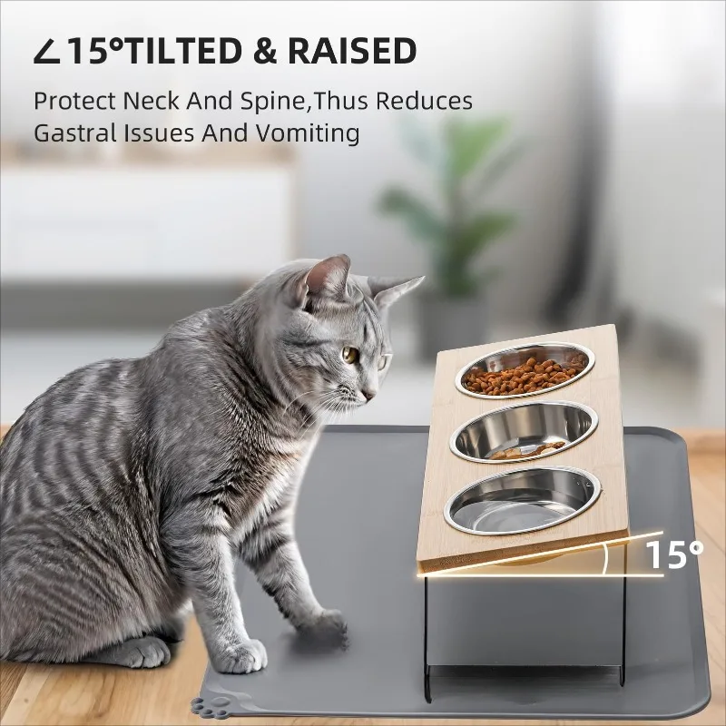 

Держатель для миски для кошек с подушечкой для еды Двойная чаша из нержавеющей стали Защита от косых горлов, защита отvomiting, шейный отдел позвоночника, тазик для корма для собак