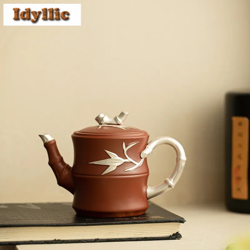 

230 мл Исин Фиолетовые глиняные чайники ручной работы Позолоченные серебряные бамбуковые чашки с необработанной рудой Чжу Чайник с грязью и заварочным устройством Чайный сервиз Zisha Ремесло