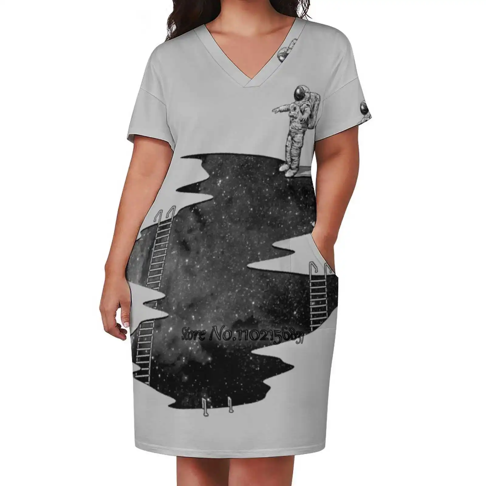 Space V-Neck Short Sleeve Dress A-Line Skirt Women'S Clothing Office Lady Elegant Skirt Astronaut Space Universe Funny Humor