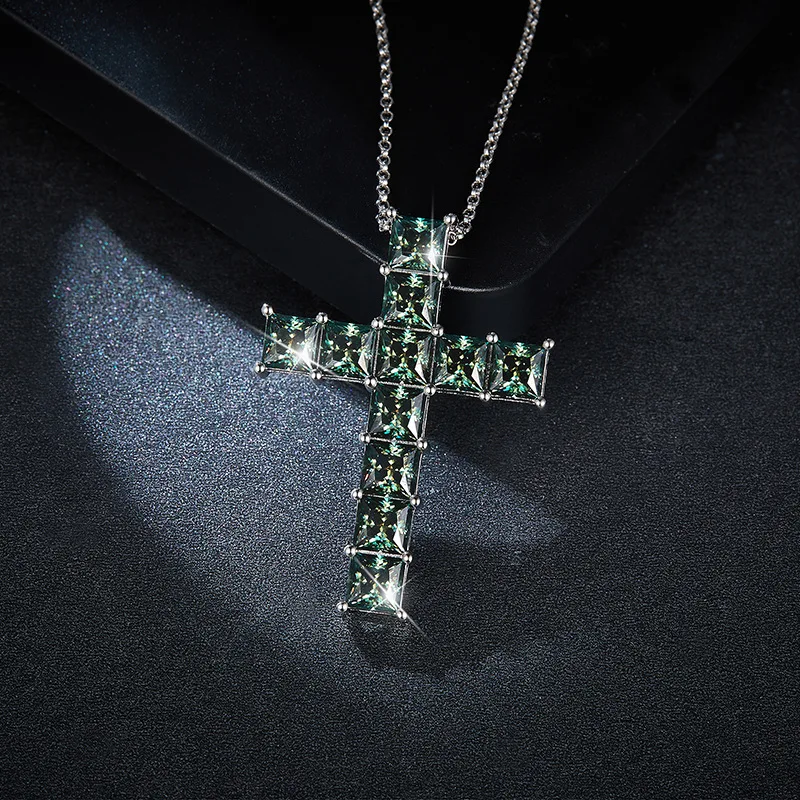 New Green Moissanite Cross Pendant Necklace for Men Women Sterling Silver Princess Lab Diamond Pass Diamond Test Party Necklace - Image 4