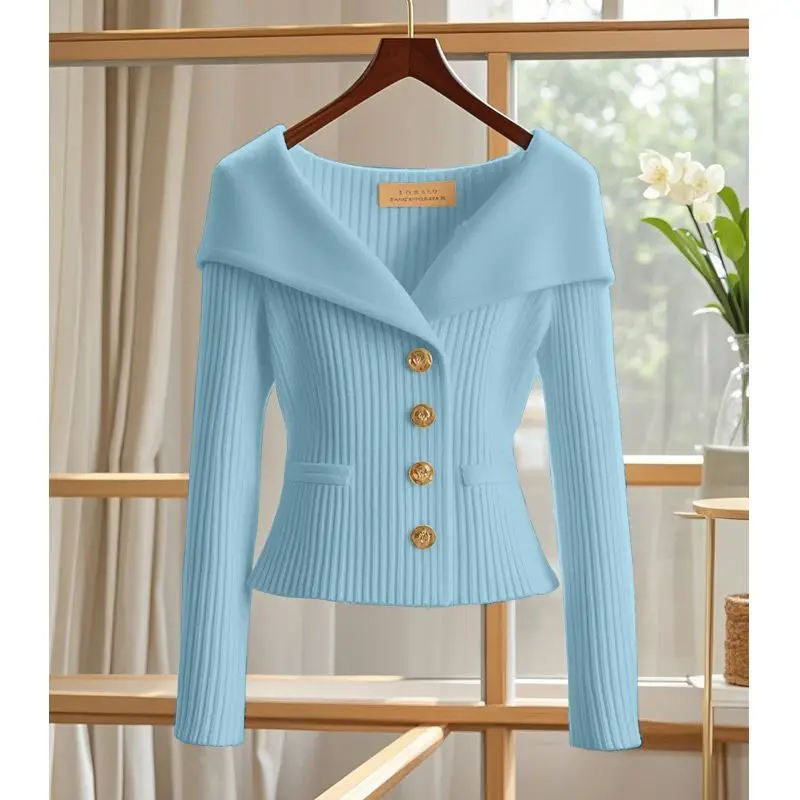 Knitted Cardigan Sweater Top Women\'s New Street Casual Warm Sweater Ladies 2025 Autumn Large Lapel Slim Tight Waist Sweater Y2K