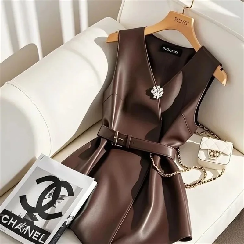 

Women's Vest 2025 Spring New Item Small Layered With Unique Sense of Luxury and Super Beautiful Coffee Colored Leather Jacket