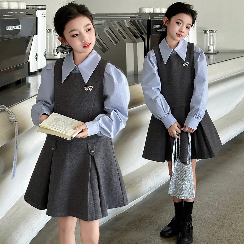 Autumn College Style teen Girls dress set Shirt Woolen Skirt+puff sleeve shirt 2pcs big kid suit junior Children Fashion outfits