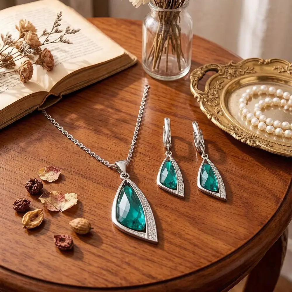 Big Promotion 925 Sterling Silver Women Wedding Jewelry Sets With Green Triangle Crystal Earrings Necklace Set Wedding Gifts